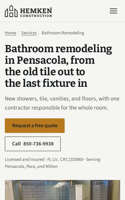 Hemken Construction website on a phone: bathroom remodeling in Pensacola