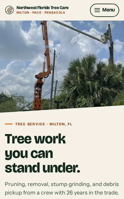 Northwest Florida Tree Care website on a phone: tree service in Milton and Pensacola
